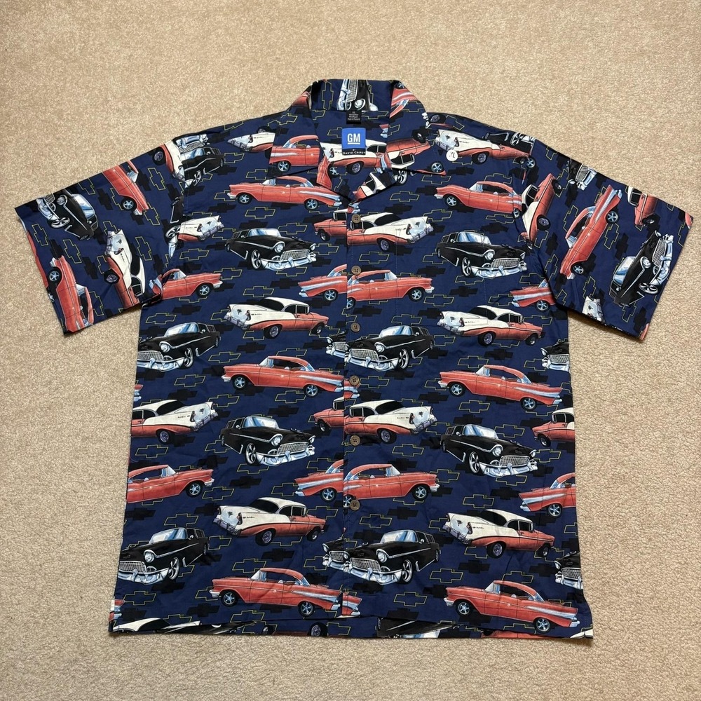 David Carey GM Chevrolet Shirt Mens XL Blue Car‎ Print Button Up Camp Hawaiian